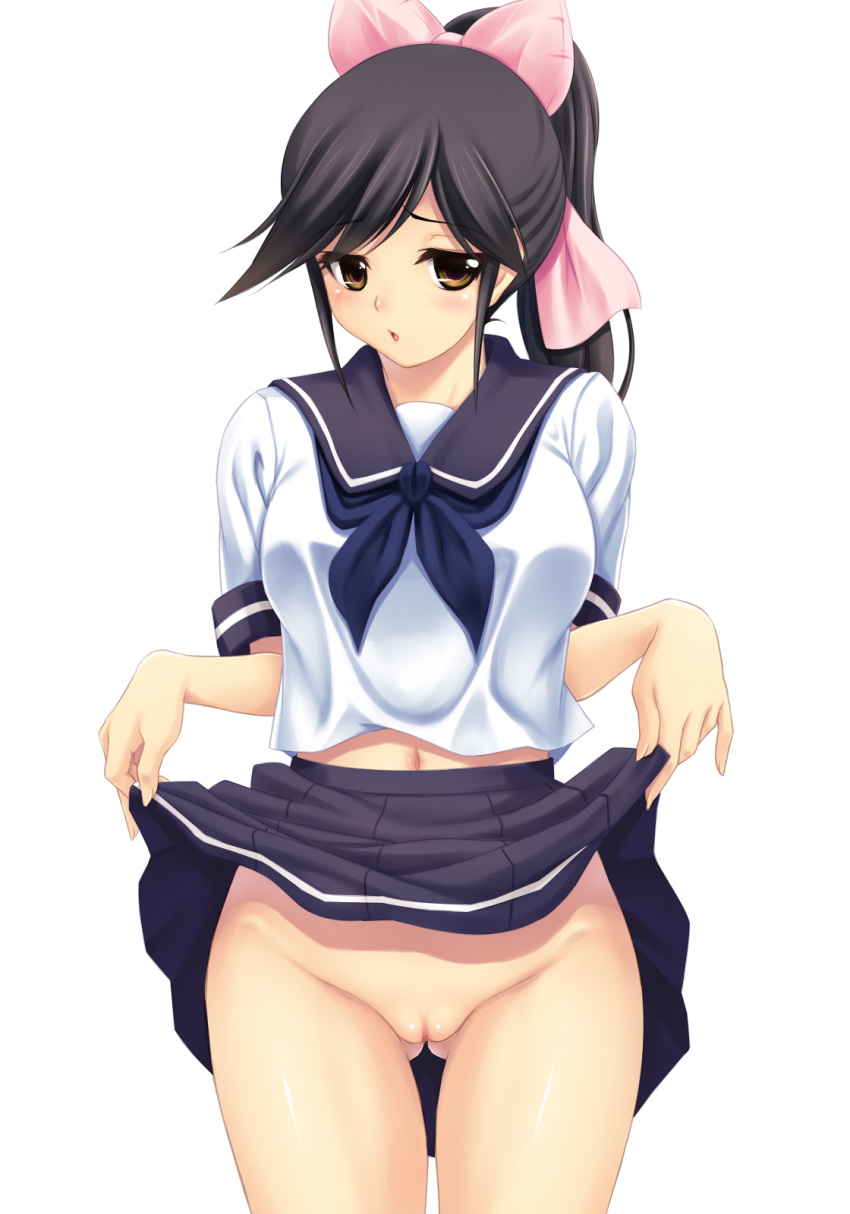 blush censored female female_only fujirin high_resolution human love_plus no_panties pussy school_uniform shaved_pussy skirt_lift solo takane_manaka