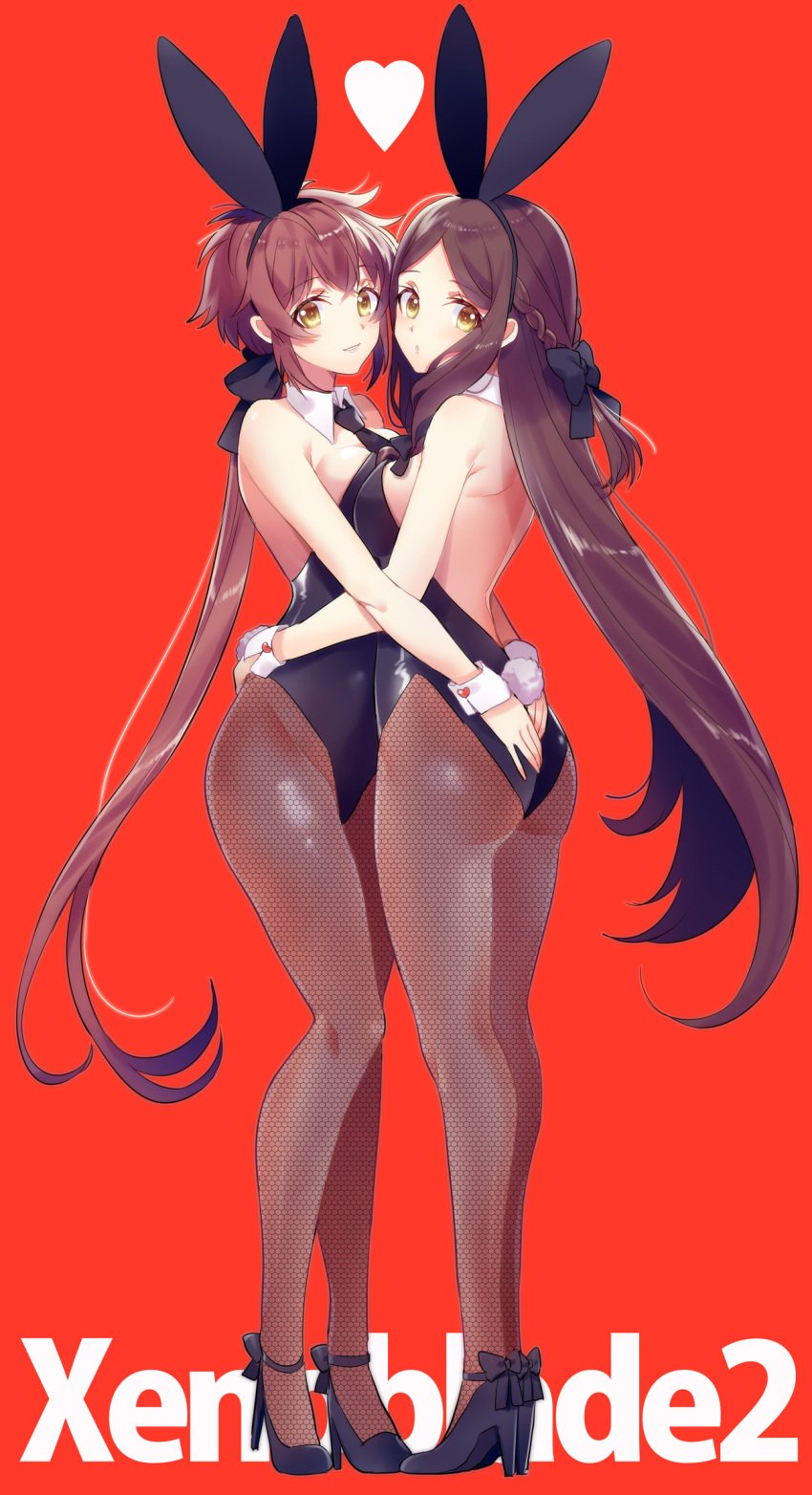 2girls :o alternate_costume animal_ears ass ass_grab back backless_outfit bare_back black_bow black_footwear black_leotard black_neckwear blue_background blush bow braid breast_press breasts brown_hair brown_legwear bunny_ears bunny_girl bunny_tail bunnysuit copyright_name couple detached_collar eyebrows_visible_through_hair fake_animal_ears female_focus fishnet_pantyhose fishnets french_braid from_side full_body gloves hairbow haze_(xenoblade) heart high_heels highres himono_xeno hug latex leotard long_hair looking_at_viewer looking_back lora_(xenoblade) medium_breasts multiple_girls necktie nintendo pantyhose parted_lips ponytail red_background shoes short_hair sidelocks simple_background smile standing strapless strapless_leotard strappy_heels symmetrical_docking tail very_long_hair wrist_cuffs xenoblade_(series) xenoblade_chronicles_2 xenoblade_chronicles_2:_torna_the_golden_country yellow_eyes yuri