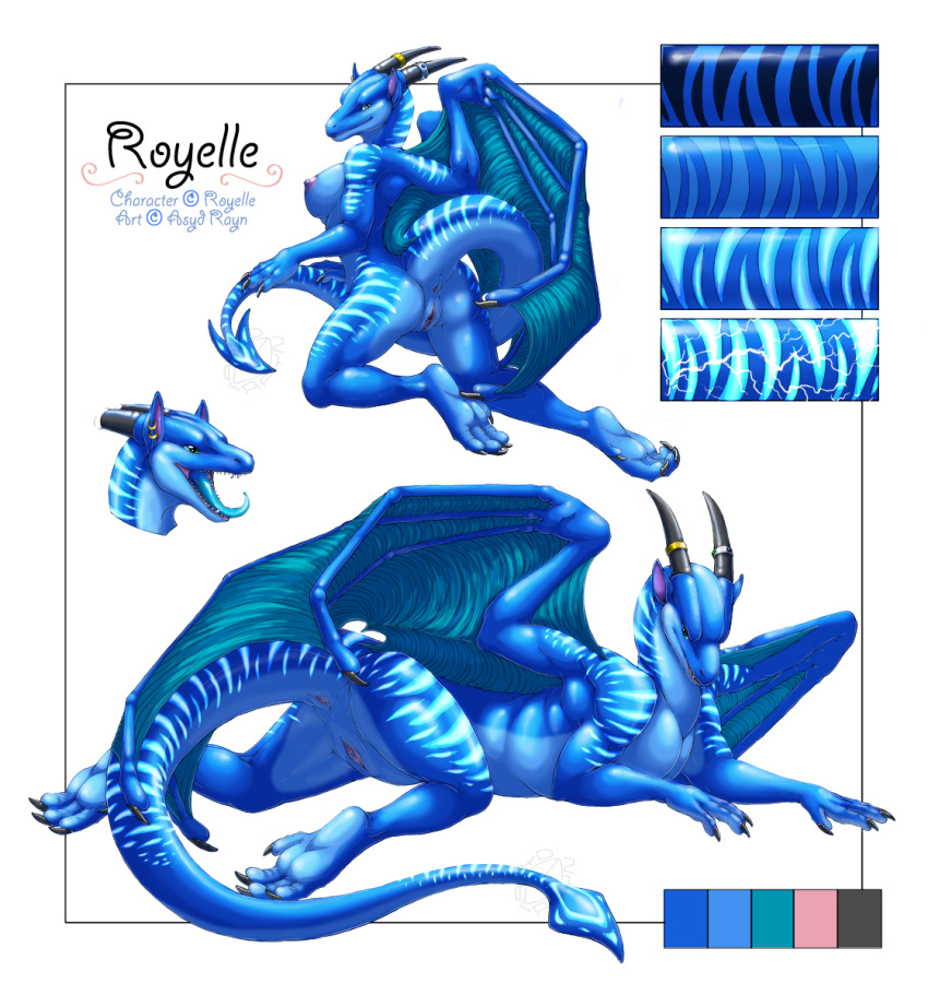 2010 acidapluvia_(artist) anthro anus ass asyd_rayn blue blue_tongue breasts claws cloaca dragon dragoness fangs female feral green_eyes horns model_sheet nipples nude palette plump_labia pose presenting pussy royelle scalie showing_off sideboob solo spade_tail stripes tail tongue white_background wings