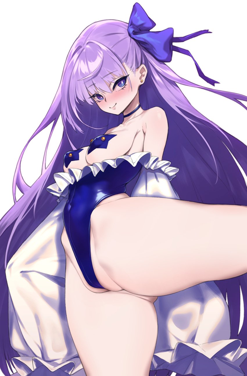 absurd_res absurdres ass_visible_through_thighs between_labia blue_eyes blush choker detached_sleeves ear_piercing eyebrows_visible_through_hair fat_mons fate_(series) female female_focus female_only frills hair_ornament hair_ribbon high_resolution highleg highleg_leotard highres hip_bones human human_female innie_pussy leotard light-skinned_female light_skin long_hair looking_at_viewer meltryllis nipple_pasties nipple_piercing pasties pierced_ears pierced_nipples piercing purple_eyes purple_hair ribbon simple_background smile smiling thick_thighs tight_clothing tight_pussy topless wabiko1126 white_background