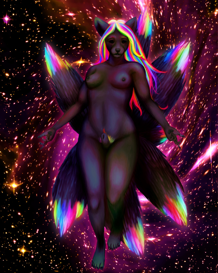 animal_genitalia anthro ayeaka black_body black_fur black_nails black_nipples black_penis black_pussy black_sclera breasts canid canine colored_nails cosmic_background floating fox fur futanari genitals glowing glowing_body glowing_fur gynomorph hair hi_res intersex iridescent_fur mammal multi_tail multicolored_hair nails nipples penis pussy rainbow_hair rainbow_pubes rainbow_tail_tip sackless sheath solo space space_background vixx