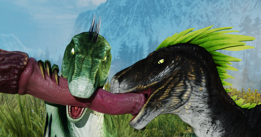 3d 3d_(artwork) 3d_horsey_3d absurd_res animal_genitalia animal_penis dinosaur dromaeosaurid duo equid equine equine_penis erection female female/female feral genitals group hi_res horse male mammal penis reptile scalie theropod trio velociraptor