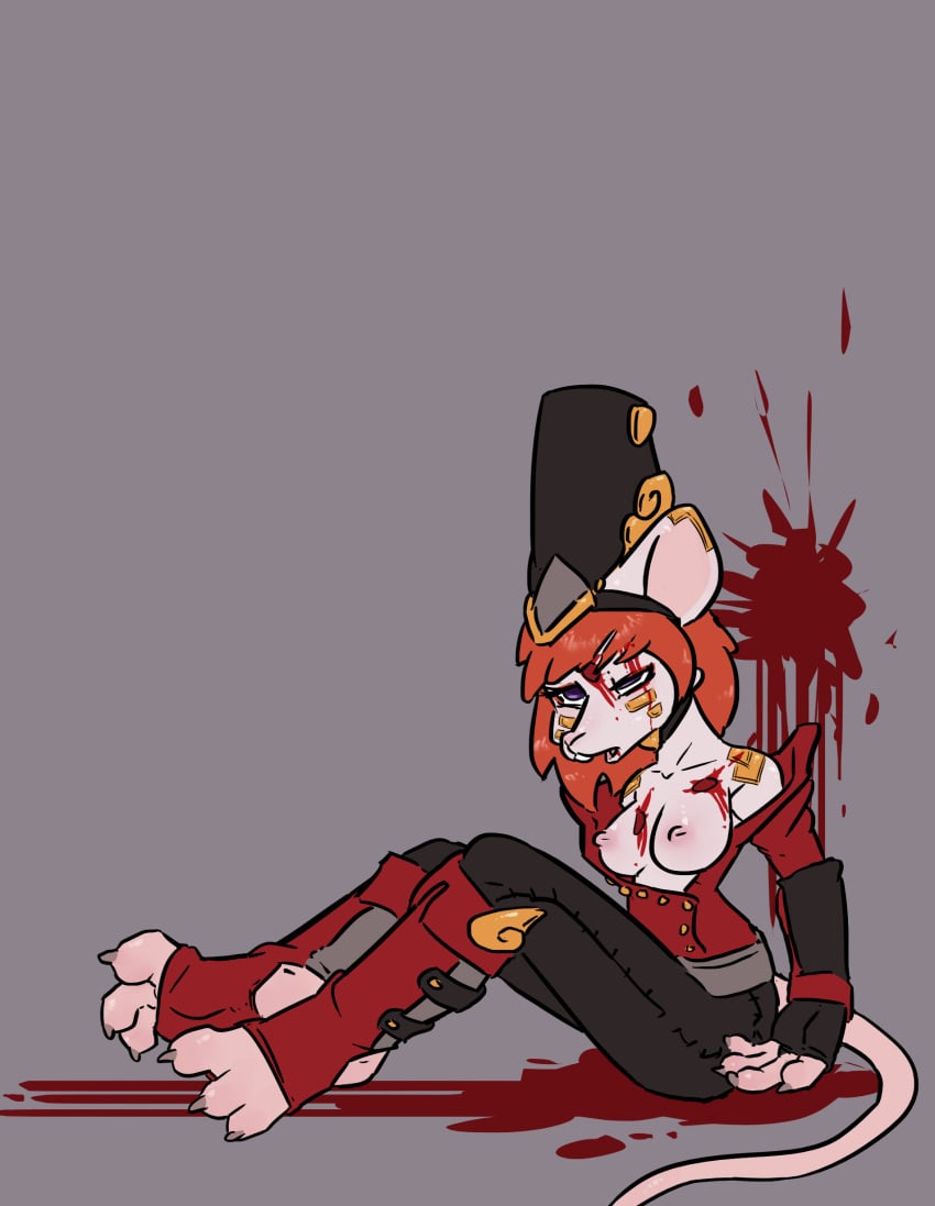 3_toes absurd_res anthro blood blood_splatter bodily_fluids clothing corpse crowskull death dragoon feet female female_death gore gunshot_wound headshot hi_res mammal military_hat military_uniform murid murine nipples rat rodent snuff solo toeless_legwear toes uniform