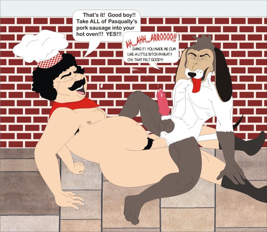 2014 2d 2d_(artwork) 2d_artwork anal_penetration animal_genitalia anthro anthro_on_top armpit_hair bodily_fluids brick_wall canine canine_penis chef chef_hat chubby chubby_male chuck_e_cheese_(franchise) cowboy_position cum cum_in_ass cum_inside cumshot dc_(artist) digital_art digital_drawing_(artwork) digital_media_(artwork) dog furry gay gay_sex genital_fluids human human_on_anthro humanoid interspecies jasper_t_jowls male_only panting pasqually_p_pieplate pubic_hair riding riding_penis socks what yaoi