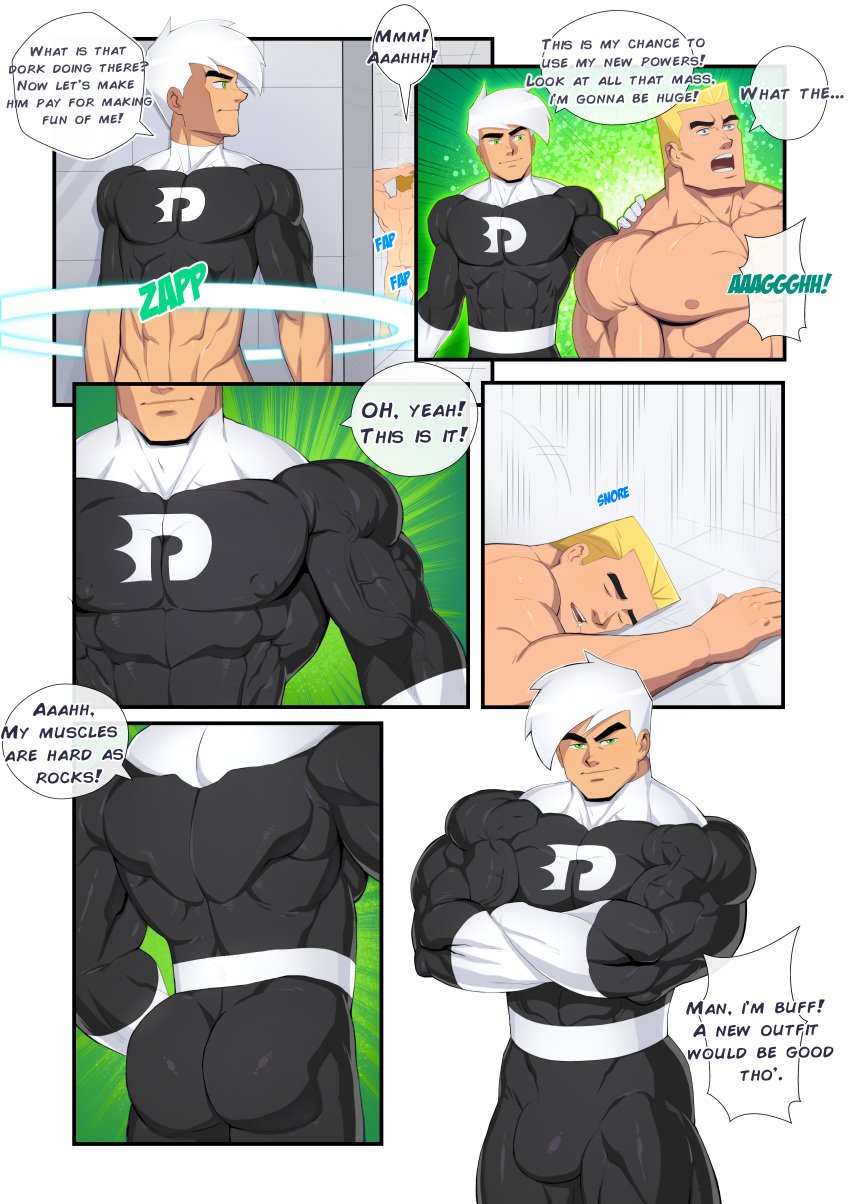 abs ass back_muscles balls big_muscles blonde_hair blue_eyes blush bubble_butt bulge bulge_through_clothing comic crossed_arms danny_fenton danny_phantom dash_baxter dialogue dialogue_box dominant_male fat_ass gay green_eyes hero_costume male male_focus male_only muscular muscular_arms muscular_back muscular_male muscular_thighs nipple_bulge penis pushing_down reiner55 shoving tight_clothes tight_clothing transformation white_hair