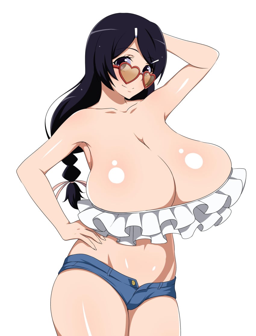 absurdres arm_behind_head armpit_peek armpits bakemonogatari bangs big_breasts bikini bikini_top_only black_hair braid breasts bursting_breasts busty cleavage closed_mouth confident denim denim_shorts female frilled_bikini frills hair_ornament hairclip hand_on_hip hanekawa_tsubasa heart heart-shaped_eyewear highres huge_breasts jabara_tornado long_hair looking_at_viewer midriff model_pose monogatari_(series) navel pose posing purple_eyes sensual shiny shiny_hair shiny_skin short_shorts shorts simple_background skindentation smile solo standing swimsuit twin_braids white_background