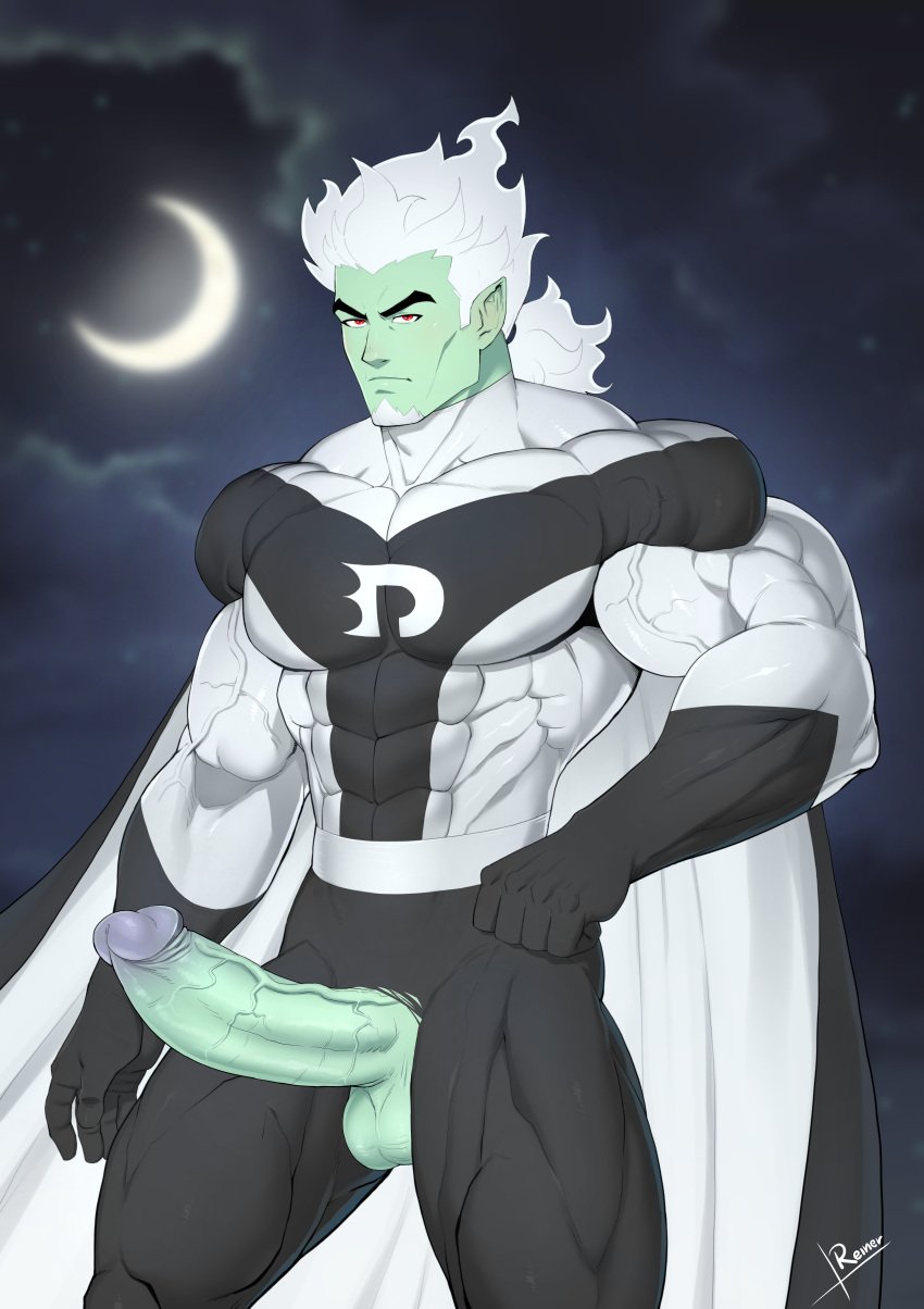 balls bara beard big_muscles big_pecs cape clouds costume danny_phantom dark_danny erection fist green_penis green_skin half_moon male male_focus male_only moon muscular_arms muscular_legs muscular_male muscular_thighs night night_sky penis_through_fly pointy_ears purple_head red_eyes reiner55 solo supervillain testicles tight_clothes tight_clothing veiny_arms veiny_muscles veiny_penis villain white_hair