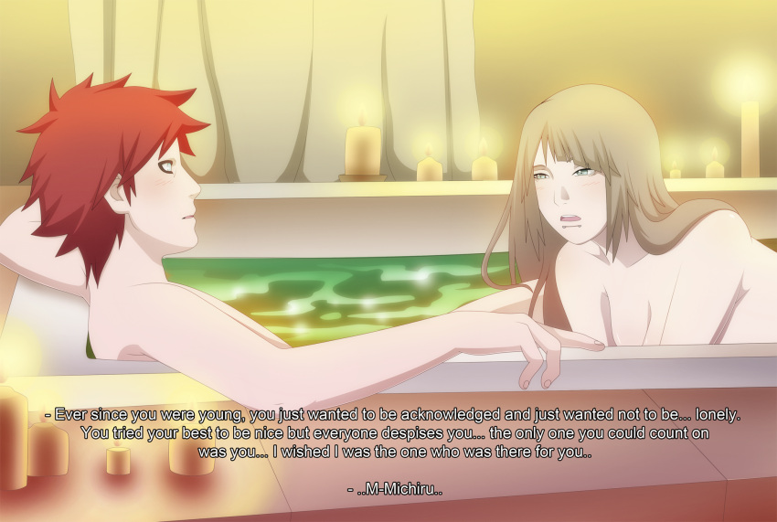 1boy1girl bathroom bathtub candles commentary couple duo gaara male/female michiru_dorokawa naked naruto naruto:_the_last naruto_(series) naruto_shippuden original_character partially_submerged relaxing romantic romantic_ambiance romantic_couple seelenkaetzchen shared_bathing straight talking talking_to_another talking_to_partner text