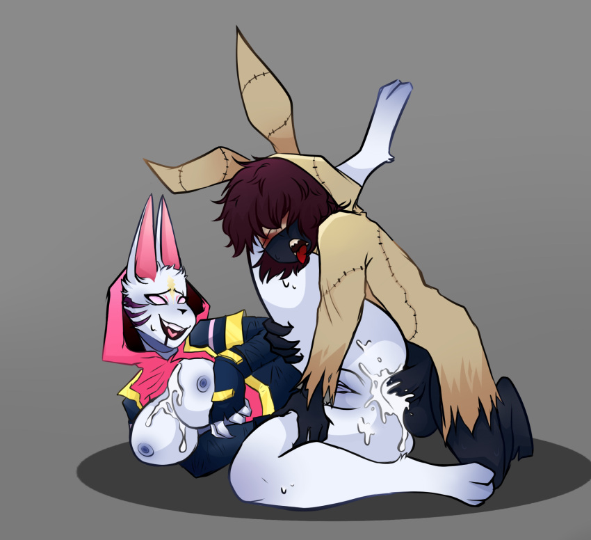 anthro breasts catalyst_(fortnite) cum cum_in_ass cum_inside cum_on_breasts fortnite furry furry_ears grabbing hoodie long_hair mimikyu_(cosplay) pink_eyes