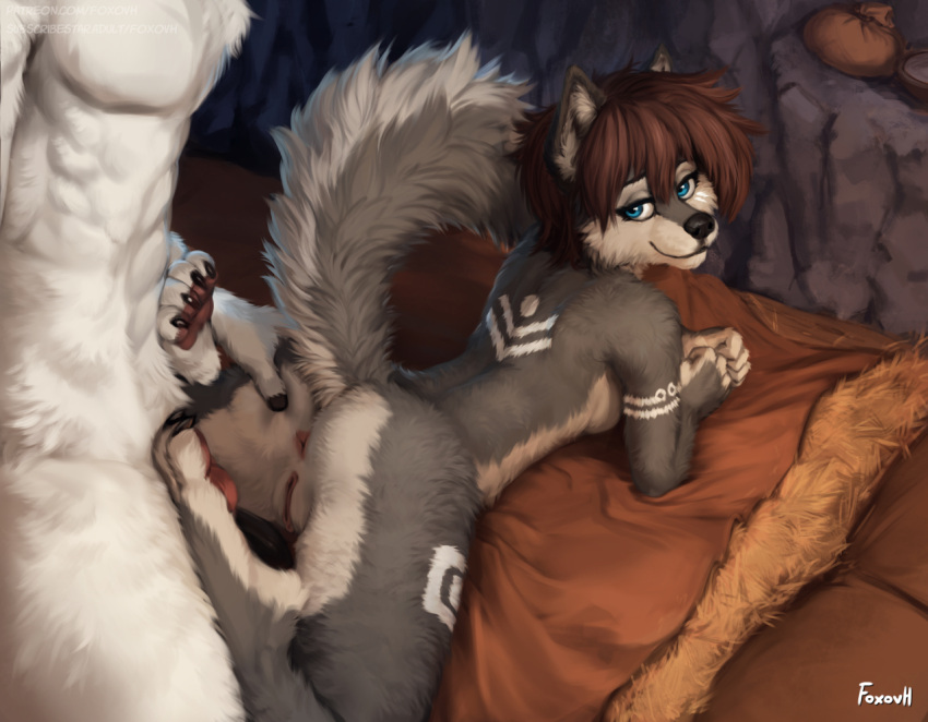 2022 anthro anus ass bed bedroom_eyes black_nose blue_eyes brown_hair butt_grab canid canine canis digital_media_(artwork) duo female foxovh fur furniture genitals grey_body grey_fur hair hand_on_butt male male/female mammal massak_(fluff-kevlar) narrowed_eyes nude pussy seductive smile tala_(fluff-kevlar) white_body white_fur white_wool wolf wool_(fur)