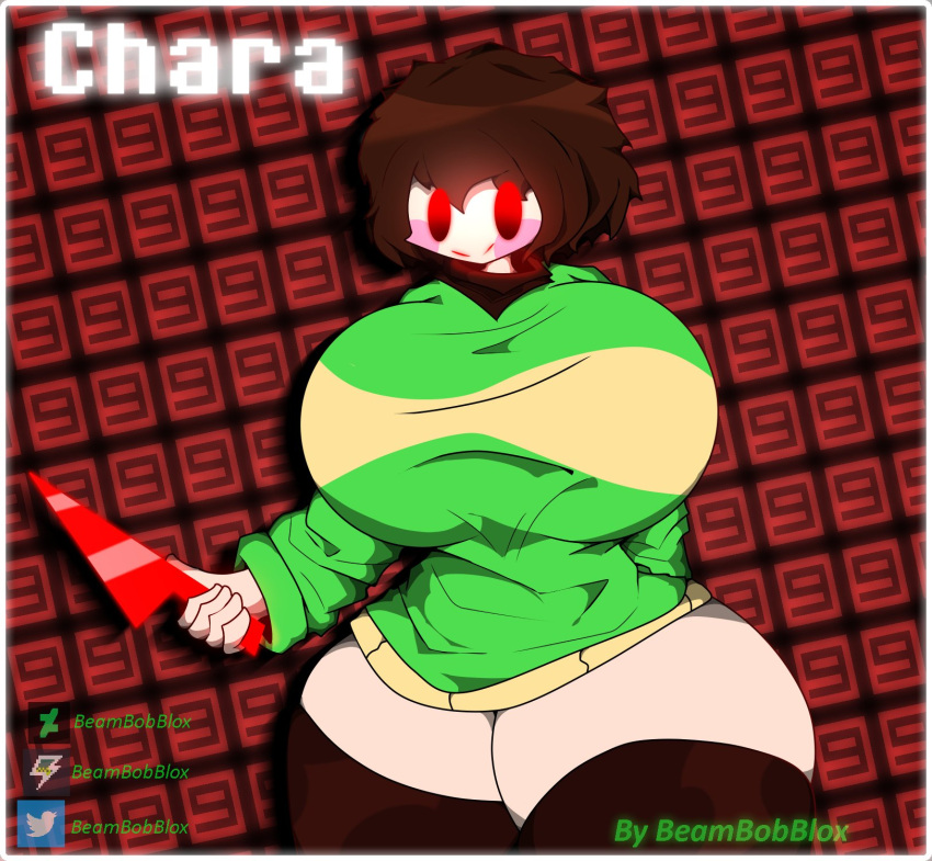 1girls 2022 beambobblox big_breasts big_thighs brown_hair chara female female_only human knife red_eyes rosy_cheeks tagme toby_fox twitter twitter_username undertale undertale_(series)