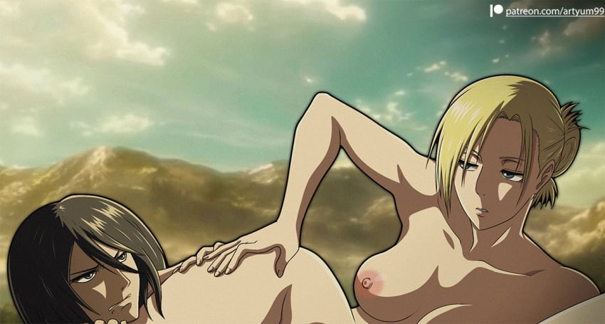 2girls annie_leonhardt artyum99 attack_on_titan breasts catfight fight incomplete incomplete_image mikasa_ackerman multiple_girls nude sex shingeki_no_kyojin strangling yuri