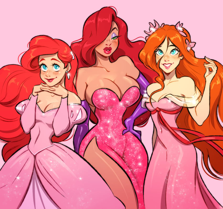 2022 3girls ariel ariel_(the_little_mermaid) arm_gloves arm_sleeves artist_name big_breasts blue_eyes blush breasts busty cleavage curvy disney disney_princess dress earrings enchanted_(film) eyeshadow flowers_in_hair giselle_(enchanted) green_eyes hair_covering_one_eye hand_on_hip hands_under_chin hourglass_figure jessica_rabbit long_hair long_orange_hair long_red_hair multiple_girls orange_hair pink_background pink_dress princess_dress red_hair ribbon ripushko sparkling_dress the_little_mermaid the_little_mermaid_(1989_film) voluminous_hair voluptuous who_framed_roger_rabbit