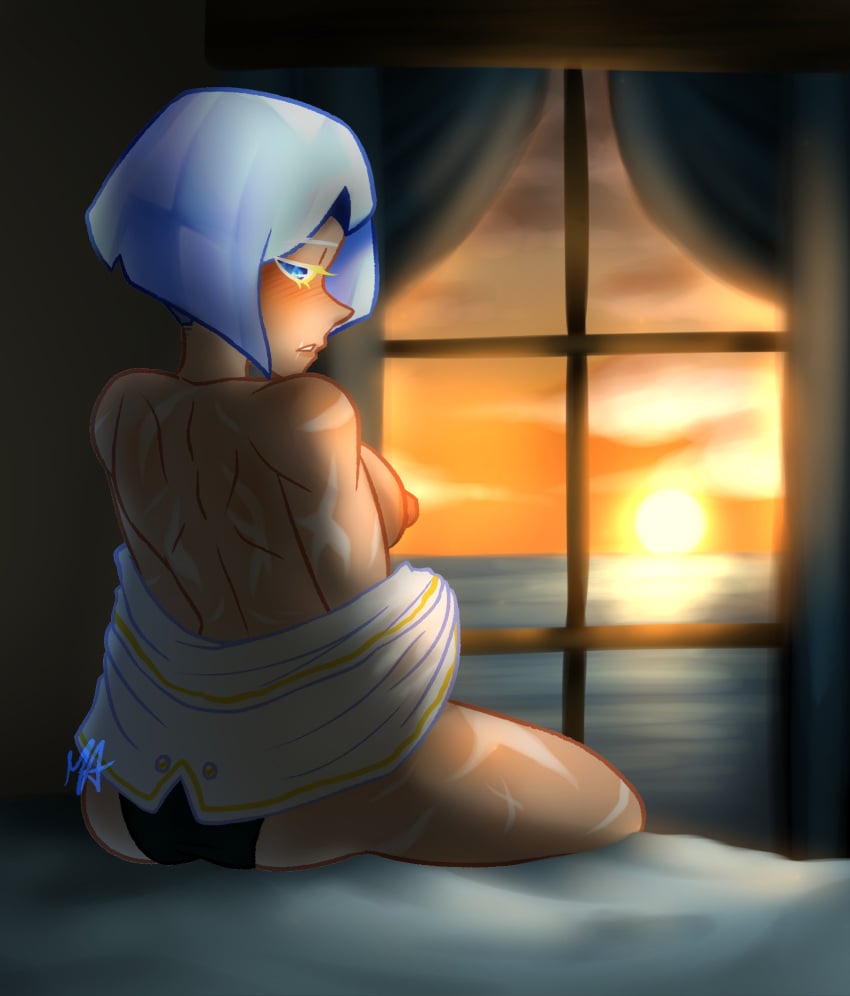 1girls areolae bed bedroom_eyes black_panties blue_eyes blue_hair blush breasts breasts_out captain_ice_cookie clouds coat cookie_run curtains eyelashes female female_only hair half-closed_eyes human humanized indoors looking_at_viewer looking_back marshii_lewds mostly_nude nipples ocean panties scar scars scars_on_thighs short_hair sideboob sitting sitting_on_bed solo sunlight sunset turned_away window