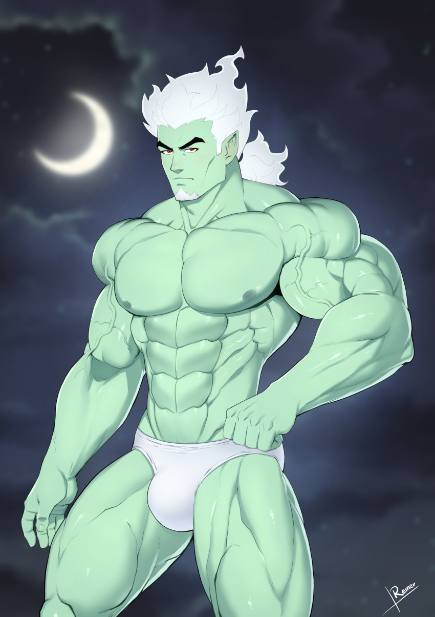 bara beard big_muscles big_pecs bulge bulge_through_clothing clouds danny_phantom dark_danny fist green_skin half_moon male male_focus male_only moon muscular_arms muscular_legs muscular_male muscular_thighs night night_sky pointy_ears red_eyes reiner55 solo supervillain underwear underwear_only veiny_arms veiny_muscles villain white_hair white_underwear