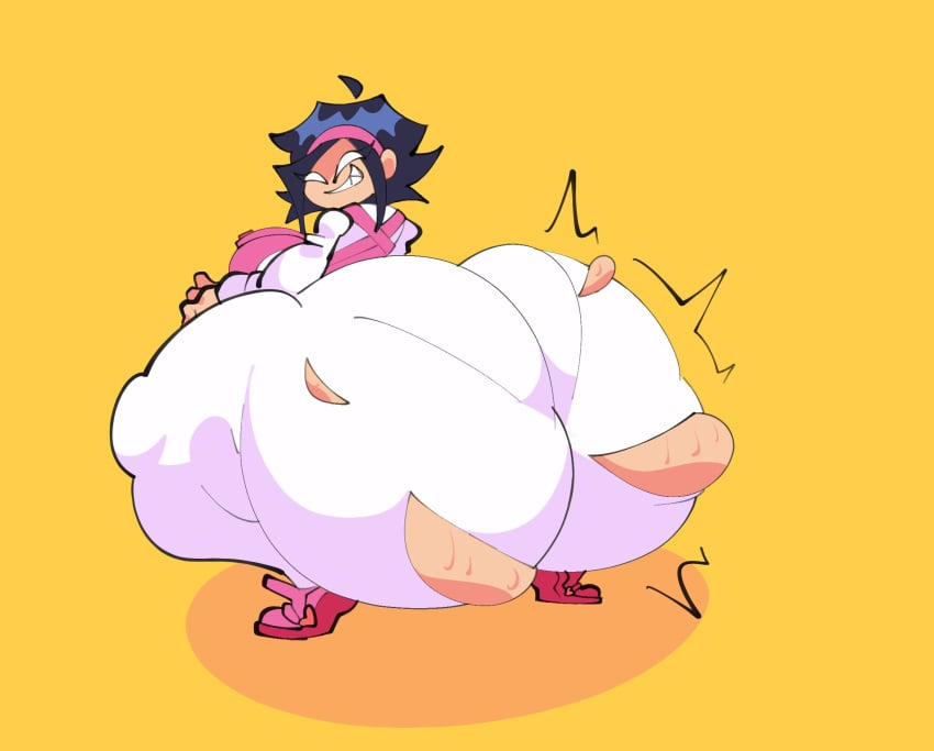1girl 2026 ass ass_focus big_ass big_breasts breasts dark_blue_hair fat_ass female friday_night_funkin huge_ass hyper hyper_ass large_ass large_thighs looking_at_viewer looking_back nene_(newgrounds) newgrounds orange_background pico's_school ripped_bodysuit ripped_clothing selloutscum sharp_teeth short_hair smile smiling thick_thighs underwear_outline white_eyes