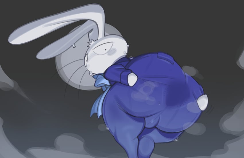 anthro anus backsack balls blush bodily_fluids bow_ribbon bulge butt clothing genitals gunbird hand_on_butt hi_res lagomorph leporid long_ears looking_at_viewer looking_back looking_back_at_viewer looking_down looking_down_at_viewer male mammal musk pom_pom_(gunbird) presenting presenting_hindquarters rabbit simple_background solo spread_anus spread_butt spreading submarine_screw sweat sweatdrop sweaty_butt tight_clothing whiskers