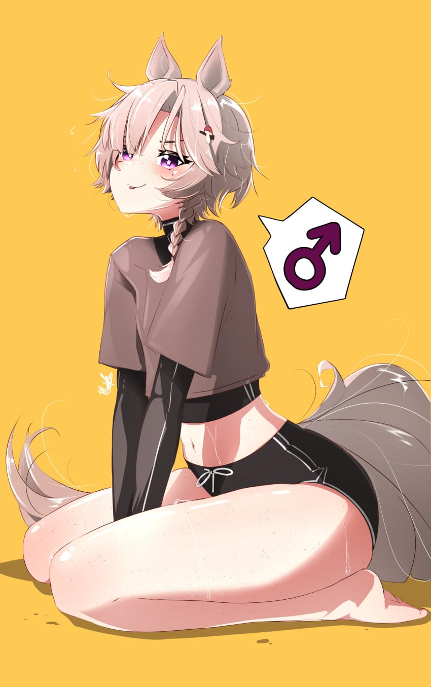 1boy 1femboy cute cute_expression cute_face femboy legs male purple_eyes sweaty sweaty_body tail thighs