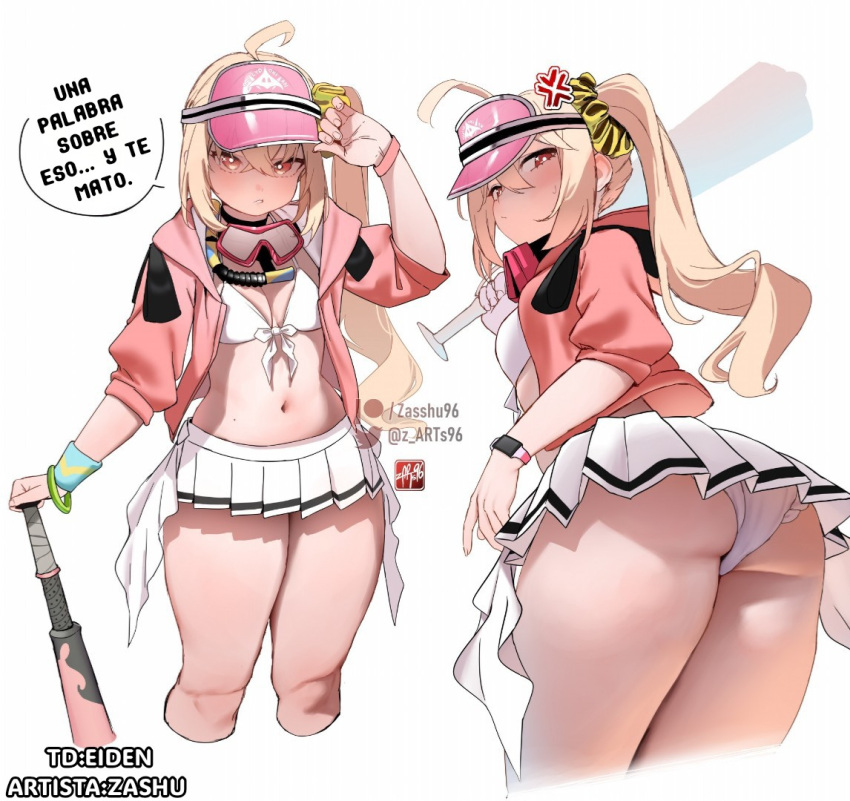 1girls anger_vein ass baseball_bat bikini blonde_hair blush breasts commentary hat jacket long_hair looking_at_viewer looking_back luciana_de_montefio multiple_views navel non-web_source official_alternate_costume pink_hat pink_jacket red_eyes side_ponytail spanish_text swimsuit thick_thighs thighs white_bikini zasshu zenless_zone_zero