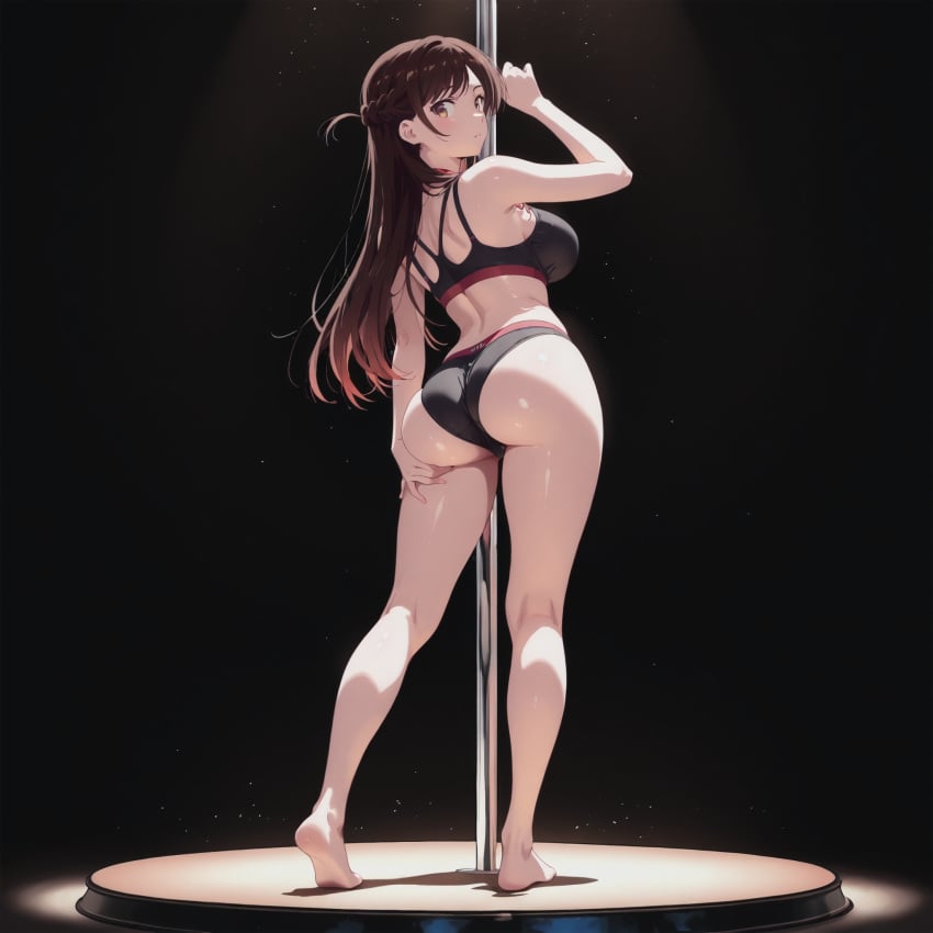 aesthetic ai_generated big_breasts big_butt blacked blacked_clothing embarrassed female high_quality high_resolution highres kanojo_okarishimasu large_ass large_breasts mizuhara_chizuru pole pole_dancing sexy_female shy_smile simple_background strip_club stripper_pole telegram