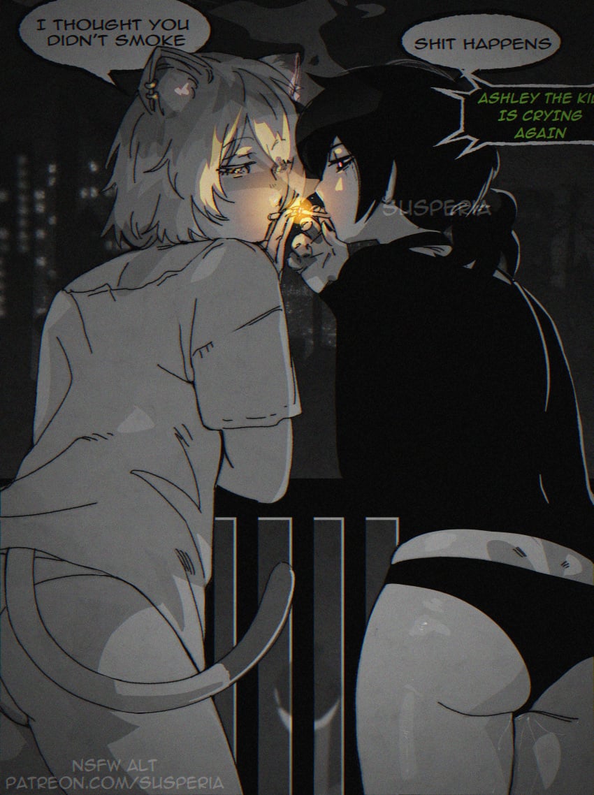 2d 2girls ashley_graves ass black_hair cat_ears cat_tail chainsmoker_cat crossover dialogue eastern_and_western_character english_text female offscreen_character only panties pink_eyes ponytail pussy_juice smoking smoking_cigarette susperia tail the_coffin_of_andy_and_leyley white_hair yani_neko yani_neko_(yani_neko)