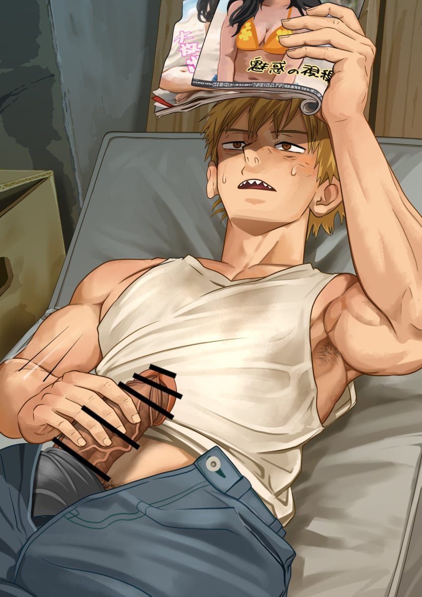 1boy armpit_hair armpits arms_up biceps big_glans big_penis blonde_hair blush brown_eyes censor_bar censored censored_penis chainsaw_man collarbone dark_penis denji_(chainsaw_man) erection foreskin foreskin_folds frenulum fully_clothed gay hand_on_penis hi_res huge_cock jeans jerking lying lying_on_back lying_on_bed magazine male male_only masturbation matress mature_male motion_lines motyaki muscles muscular muscular_arms muscular_male penis penis_bigger_than_head penis_out pointless_censoring porn_magazine pornography pubic_hair red_glans resisting_orgasm retracted_foreskin shark_teeth sharp_teeth short_hair snaggle_tooth solo straight tank_top thick_penis unzipped veiny_penis very_high_resolution wanking watching_porn yaoi young
