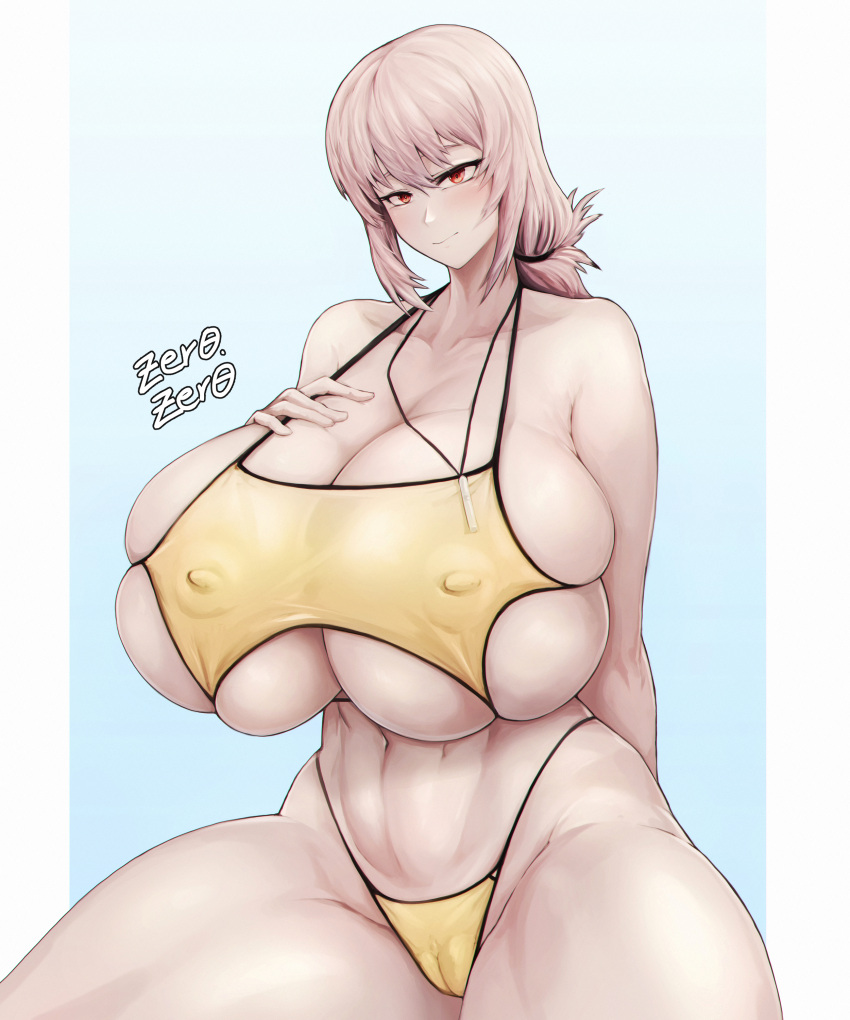 1girls alternate_breast_size artist_name artist_signature bangs belly_button big_breasts bikini bikini_bottom bikini_top breasts bursting_breasts cameltoe curvaceous curvy enormous_breasts erect_nipples erect_nipples_under_bikini erect_nipples_under_clothes erect_nipples_under_swimsuit eye_contact fate/grand_order fate_(series) female female_focus female_only florence_nightingale_(chaldea_lifesavers)_(fate) florence_nightingale_(fate) folded_ponytail heavy_breathing hi_res high_resolution highleg highleg_bikini highres huge_breasts long_hair looking_at_viewer massive_breasts navel nipple_bulge pink_hair red_eyes side-tie_bikini_bottom sitting swimsuit thick_thighs tight_clothing top_heavy_breasts voluptuous wide_hips yellow_bikini yellow_bikini_bottom yellow_bikini_top yellow_swimsuit yellow_swimwear zer0artzer0