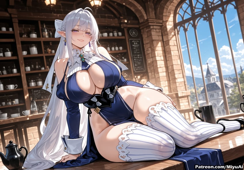1girl ai_assisted ai_generated bangs bare_shoulders blush bookshelf breasts cleavage cleavage_cutout curvaceous curvy curvy_female curvy_figure detached_sleeves dress earrings female highleg_leotard jewelry large_breasts long_hair looking_at_viewer miyuai pointy_ears purple_eyes silver_hair sitting smile solo thick thick_ass thick_butt thick_hips thick_legs thick_thighs thighhighs thighs underboob_cutout velina_airgid voluptuous voluptuous_female white_legwear wide_hips wide_thighs zenless_zone_zero