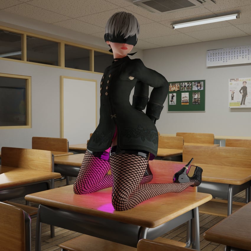 1boy 3d black_blindfold black_clothing blindfold classroom clothing crossdressing femboy feminine_male fishnet_stockings fishnets girly heels high_heels kneeling kneeling_on_table light-skinned_male light_skin male male_focus male_only nier nier:_automata no_pants school_desk solo solo_male thick_thighs thighhighs trap white_hair wide_hips yorha_9s zsternritter