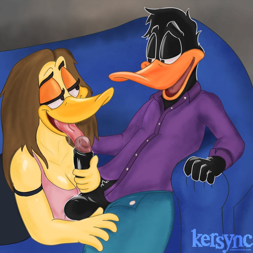 anthro black_body bodily_fluids clothed clothing daffy_duck duo fellatio female foreskin genitals hi_res kersync licking looney_tunes male male/female oral partially_clothed partially_retracted_foreskin penile penis penis_lick saliva saliva_on_penis saliva_on_tongue sex straight_hair the_looney_tunes_show tina_russo tongue tongue_out warner_brothers yellow_body