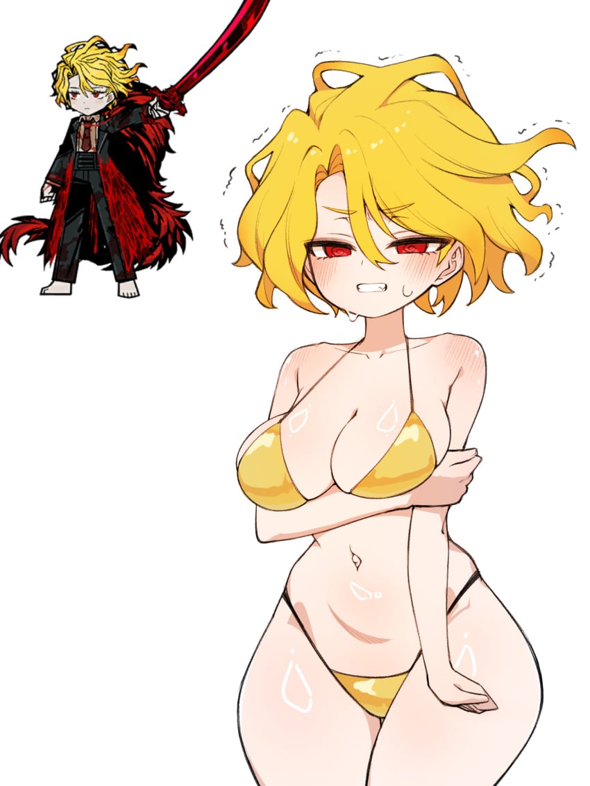 1girl arm_under_breasts bikini blonde_hair blush breasts cleavage clenched_teeth commentary_request cowboy_shot curvy don_quixote_(limbus_company) embarrassed gold_bikini hair_between_eyes half-closed_eyes highleg highleg_bikini highres large_breasts limbus_company looking_at_viewer navel outie_navel project_moon red_eyes reference_inset sancho_(limbus_company) short_hair simple_background solo standing sweat swimsuit teeth thighs white_background wide_hips