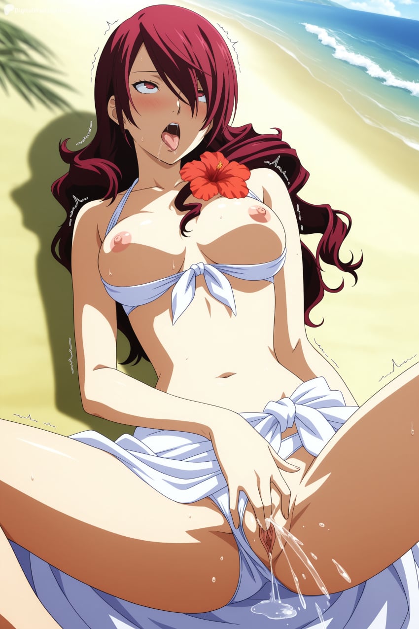 1girl ahegao ai_generated beach bikini blush breasts breasts_out clothes_pull clothing_aside day digitalwaifugallery female_ejaculation female_masturbation female_orgasm fingering flower front-tie_top hair_flower hair_ornament hair_over_one_eye hi_res hibiscus high_quality high_resolution large_breasts long_hair masturbation mitsuru_kirijo navel nipples open_mouth orgasm outdoors patreon persona_3 pussy pussy_juice red_eyes red_hair rolling_eyes saliva sand sarong seductive sexy solo spread_legs sweat swimsuit tongue tongue_out trembling uncensored water watermark white_bikini