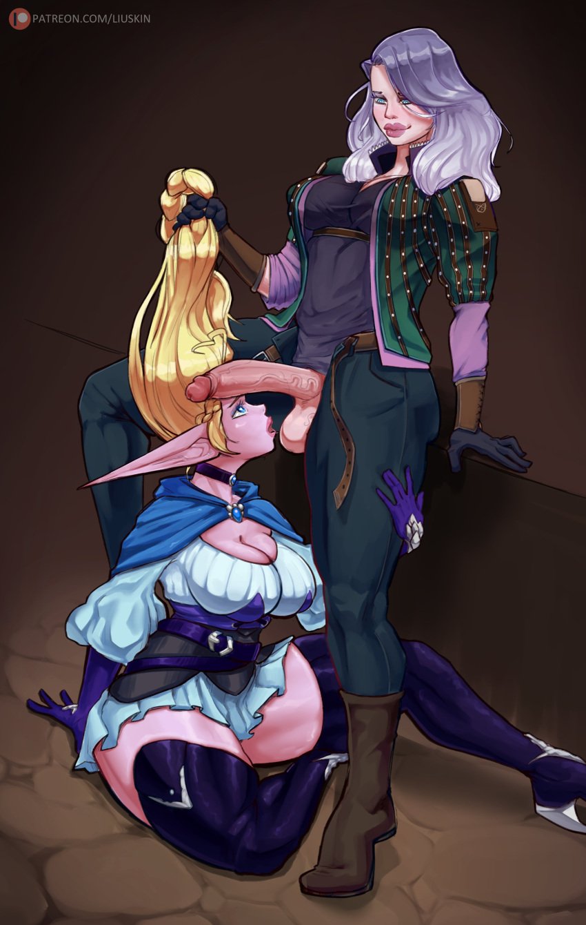 2futas absurd_res balls big_breasts big_penis blonde_hair blue_eyes cleavage clothed clothing corruption_of_champions corruption_of_champions_ii elf elf_ears erection etheryn eye_contact fully_clothed futa_on_futa futa_only futanari hair_grab heart-shaped_pupils human humanoid interspecies light-skinned_futanari light_skin liuskin long_hair looking_down looking_up mostly_clothed original_character penis penis_on_face penis_out pointy_ears sitting sitting_on_ground smile standing thick_thighs white_hair