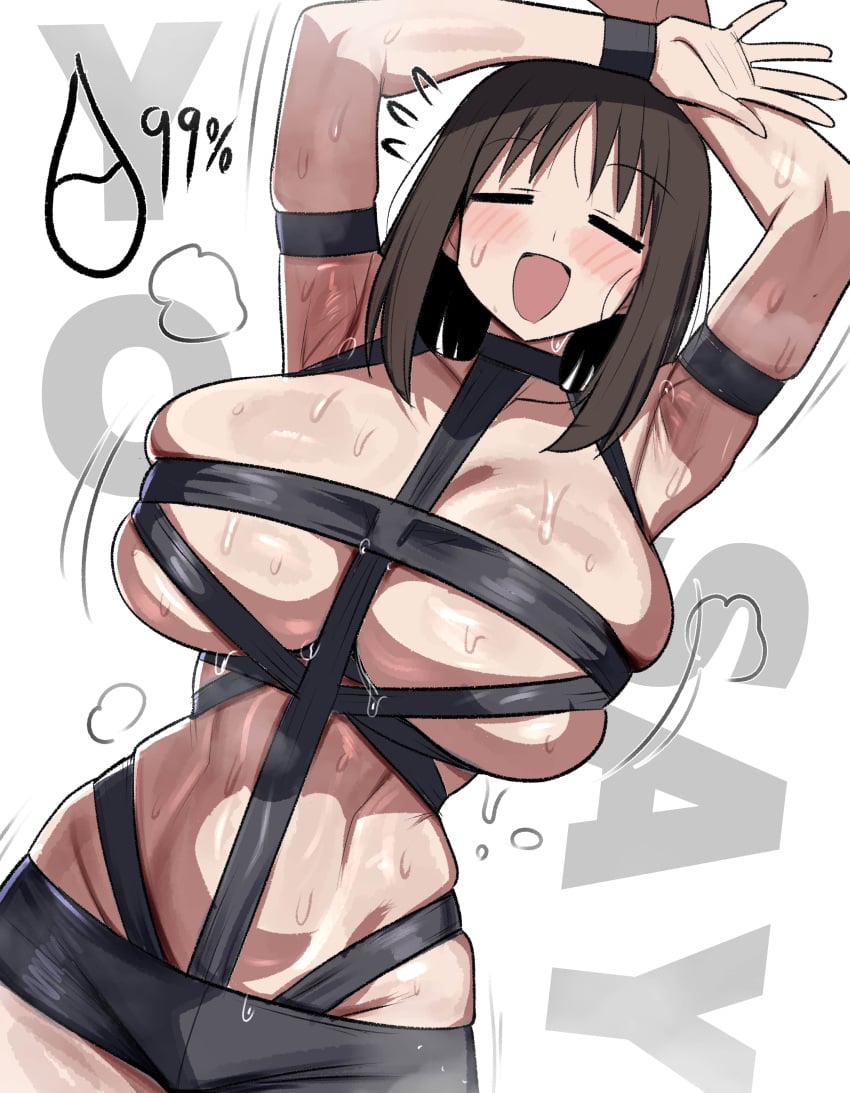 armpit_fetish armpits azumanga_daiou barely_clothed bondage breasts breasts_bigger_than_head exposed_body geulimykun_(skbyunea413) huge_breasts kasuga_ayumu large_breasts nipples_covered osaka_ayumu_kasuga raised_arm raised_arms shorts skimpy skimpy_clothes skinny skinny_female sweat sweatdrop sweating sweaty_body sweaty_female top_heavy