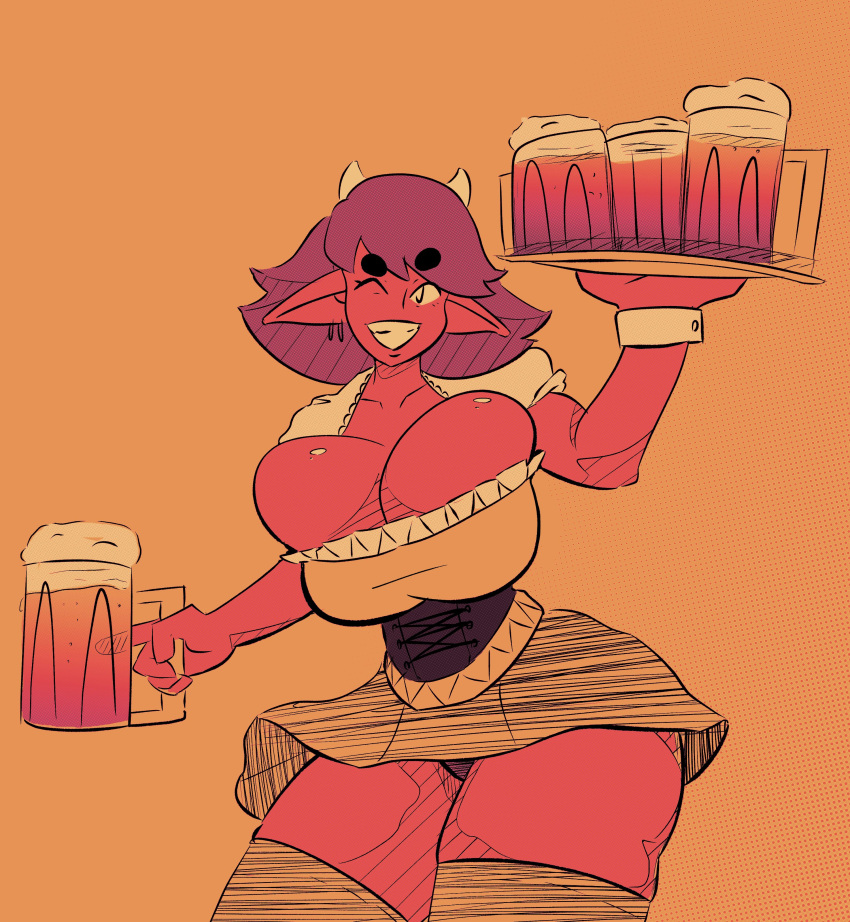 1girls alcohol barmaid big_breasts breasts bursting_breasts cleavage clothing dand_u ear_piercing earrings female female_only horns huge_breasts looking_at_viewer mirin_(dand_u) monster_girl mug orange_hair piercing pointy_ears red_skin serving_tray smile solo thick_thighs thighhighs uniform wide_hips wink winking_at_viewer