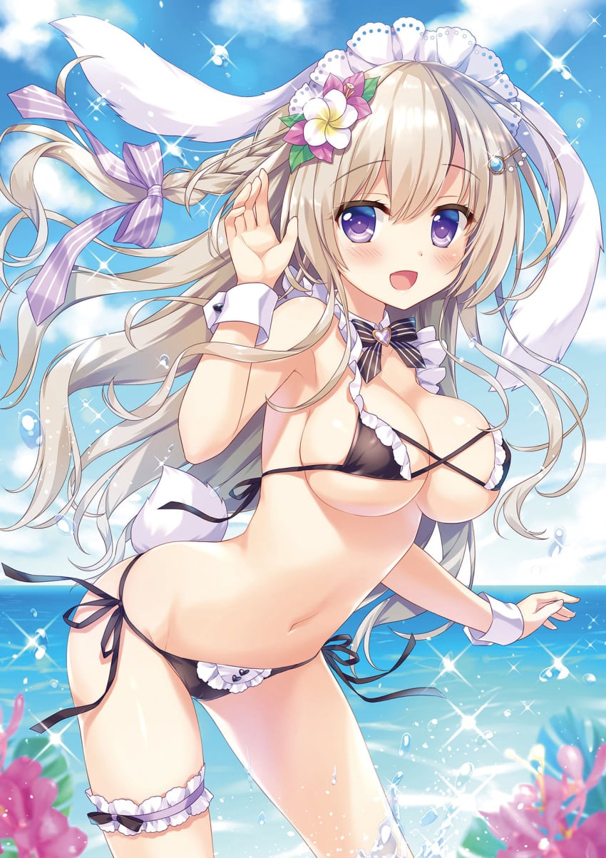 1girl ameto_yuki beach bikini_bottom bikini_top blush braid breasts bunny_ears flower flower_hair_ornament highres large_breasts maid maid_apron maid_bikini maid_headdress original rabbit_ears rabbit_girl sea side-tie_bikini side_braid small_but_busty white_hair