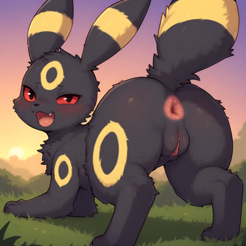 ai_generated all_fours anus arched_back ass_focus ass_in_air black_fur black_pupils blush fluffy furry game_freak hind_legs long_ears looking_at_viewer looking_back looking_over_shoulder nintendo open_mouth outdoors pokemon pokemon_(species) presenting pussy red_sclera round_ass smile tail umbreon wekilled_god