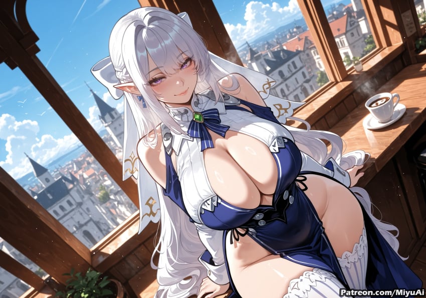 1girl ai_assisted ai_generated apron bangs bare_shoulders blue_sky blush bow braid breasts cleavage cleavage_cutout closed_mouth cloud cup curvaceous curvy curvy_female curvy_figure day dress elf eyebrows_visible_through_hair female half_updo huge_breasts jewelry large_breasts long_hair looking_at_viewer miyuai pointy_ears purple_eyes side_slit silver_hair sky smile solo teacup teapot thick thick_ass thick_butt thick_hips thick_legs thick_thighs thighhighs thighs tray velina_airgid voluptuous voluptuous_female white_legwear wide_hips wide_thighs zenless_zone_zero