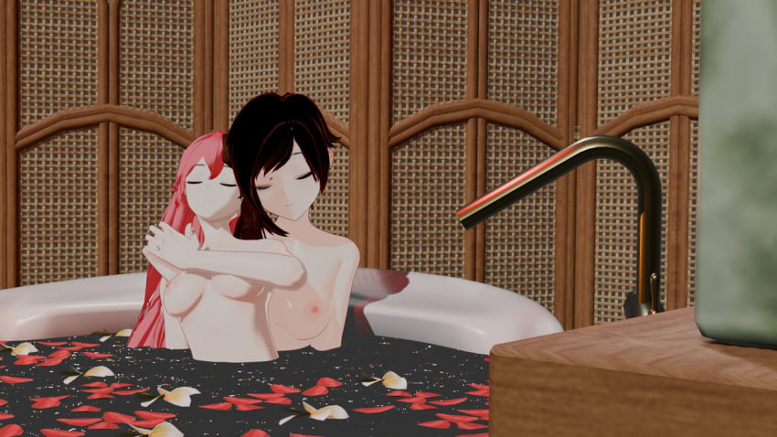 2girls bathing blender blender_(artwork) female female_only multicolored_hair neo_(rwby) neopolitan_(rwby) red_hair ruby_rose rwby yuri