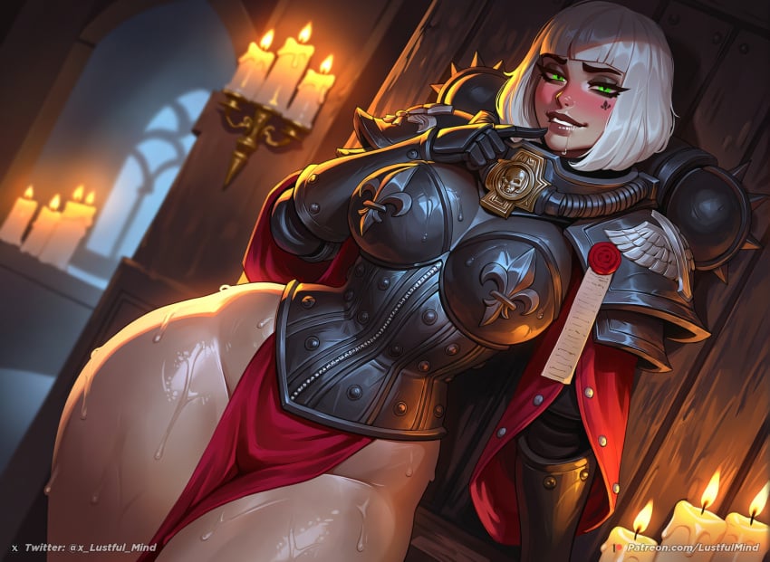 1girl adepta_sororitas ai_generated armor blunt_bangs blush bob_cut boobplate breastplate breasts candle candlelight facial_tattoo finger_to_mouth gauntlets green_eyes indoors large_breasts lips looking_at_viewer lustful_mind no_panties pauldrons pelvic_curtain power_armor shiny_skin short_hair shoulder_armor sister_of_battle smile solo sweat tagme thick_thighs thighs voluptuous warhammer_(franchise) warhammer_40k wet white_hair wide_hips
