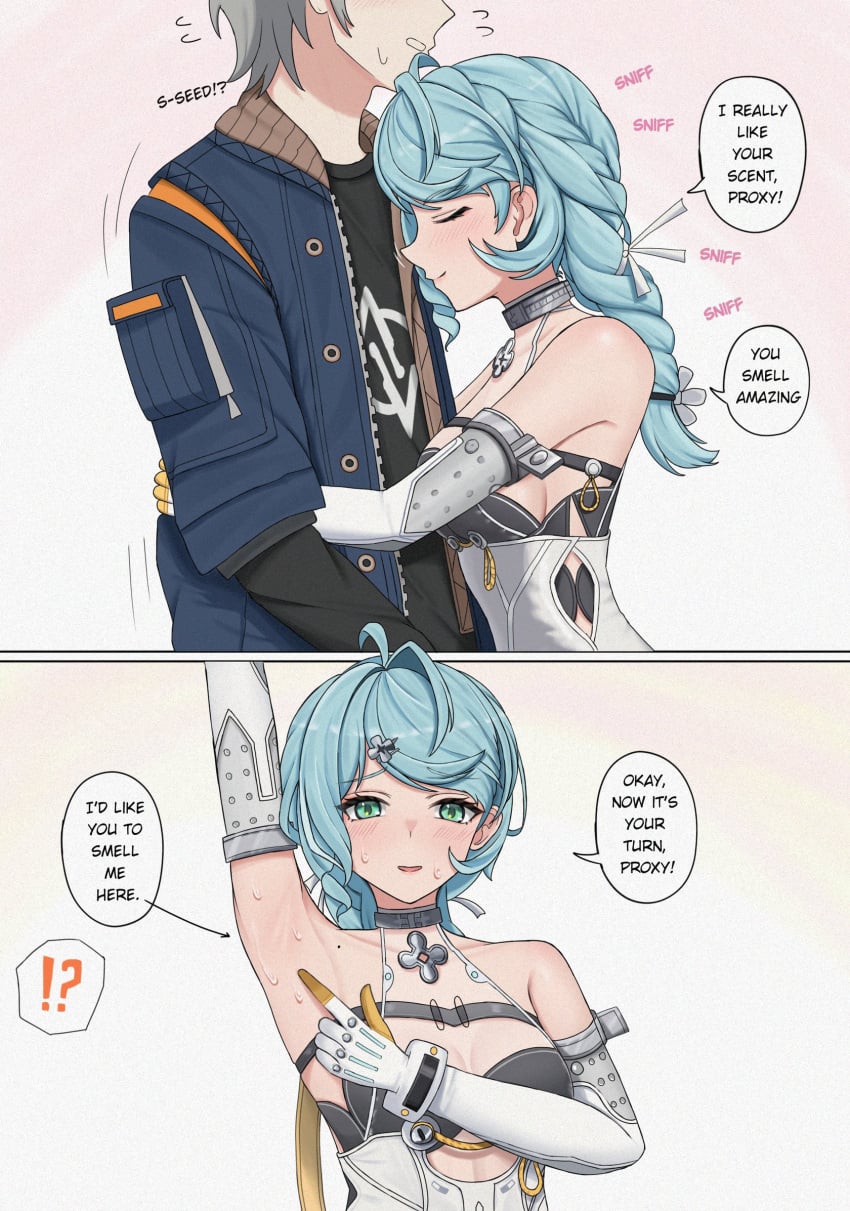 armpit_fetish armpits blue_hair clothed comic dialogue hoyoverse hugging love scent scent_play scentplay seed_(zenless_zone_zero) smelling sniffing sweat sweatdrop sweaty tagme wise_(zenless_zone_zero) zenless_zone_zero