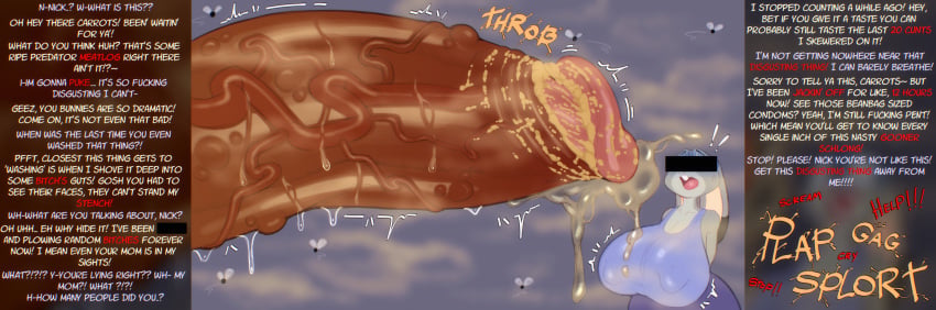 absurd_res anthro arthropod big_breasts big_penis bodily_fluids breasts canid canine caption capy_b censor_bar censored clothing dipstick_ears disney duo ear_markings english_text erection european_rabbit exclamation_point female fly_(animal) fox genital_fluids genitals grey_body hi_res huge_breasts huge_penis hyper hyper_genitalia hyper_penis imminent_rape imminent_sex insect judy_hopps lagomorph leporid male mammal markings mostly_offscreen_character multicolored_ears nick_wilde nipple_outline onomatopoeia oryctolagus penis precum profanity question_mark rabbit red_fox shirt smegma smegma_on_penis solo_focus sound_effects text topwear true_fox vein veiny_penis zootopia
