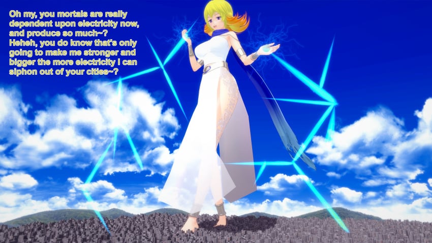 3d blonde_hair city destruction english_text female female_only giantess implied_growth kid_icarus kid_icarus_uprising koikatsu nintendo phosphora solo solo_only text thighs xavierhuge