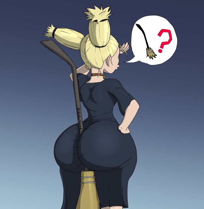 1girls ? artist_name ass ass_in_dress big_ass black_dress blonde_hair bootiehound broom broomstick bubble_ass bubble_butt clothing collar dress female female_only hair huge_ass jujutsu_kaisen looking_back neckwear nishimiya_momo object_between_ass question_mark shortstack solo solo_female speech_bubble thighs twintails unaware