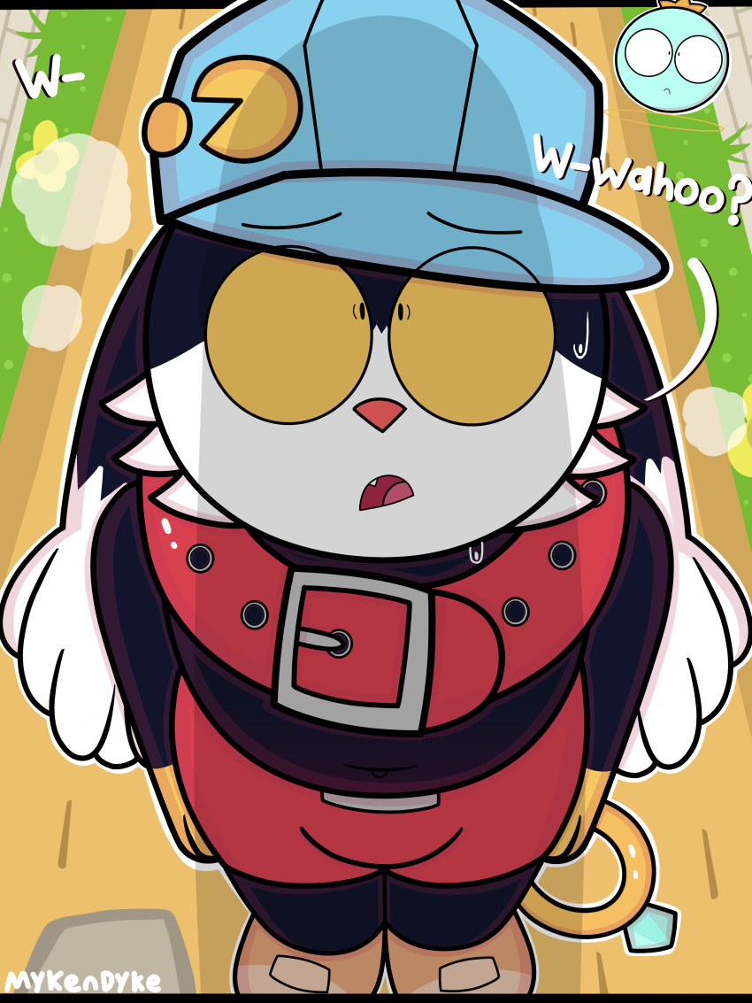 absurd_res ambiguous_gender anthro belt black_body blue_body bodily_fluids bottomwear clothing dipstick_ears domestic_cat dot_eyes english_text erection felid feline felis group hat headgear headwear hi_res holding_ring huepow imminent_sex klonoa klonoa_(series) male mammal multicolored_ears mykendyke navel open_mouth pants penis_shadow question_mark ring sphere_creature sweat text trio video_games yellow_sclera