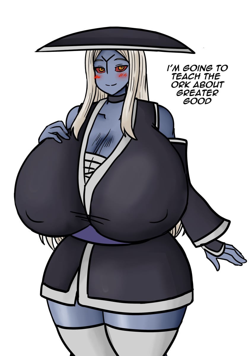 1girls blue_body female_only gigantic_breasts huge_breasts kegispringfield kimono simple_background solo solo_female tau warhammer_(franchise) warhammer_40k white_background white_hair