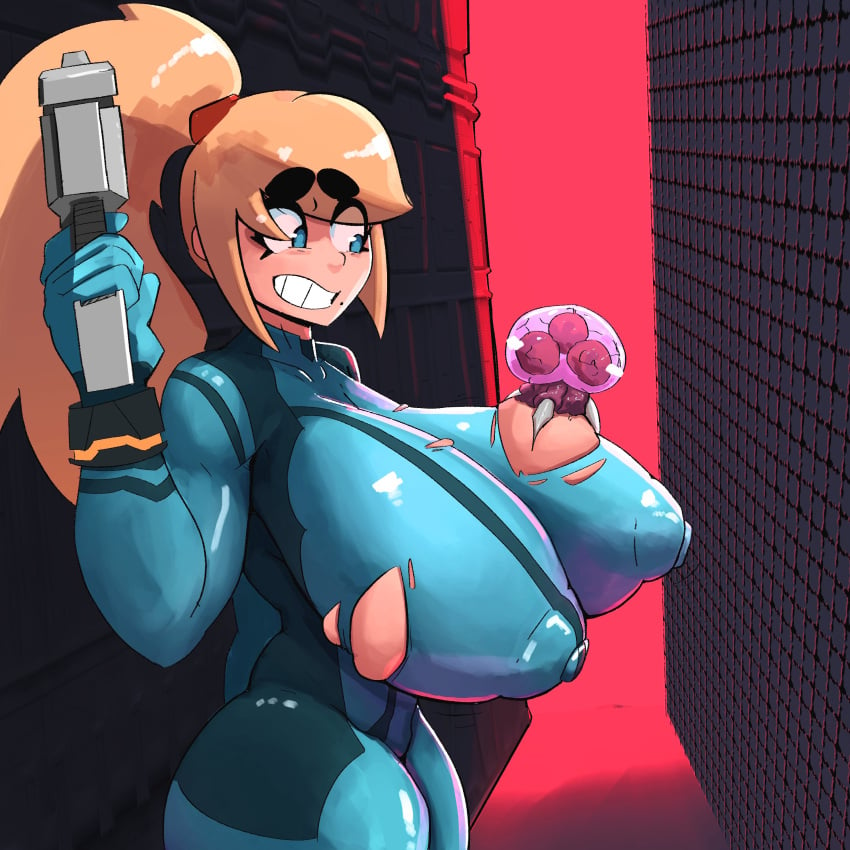 1girls alien baby_(metroid) big_breasts blonde_female blonde_hair blue_eyes breasts busty dand_u female gun huge_breasts human large_breasts metroid metroid_(creature) nipple_bulge nipples pistol samus_aran thick_thighs torn_clothes wide_hips zero_suit zero_suit_samus