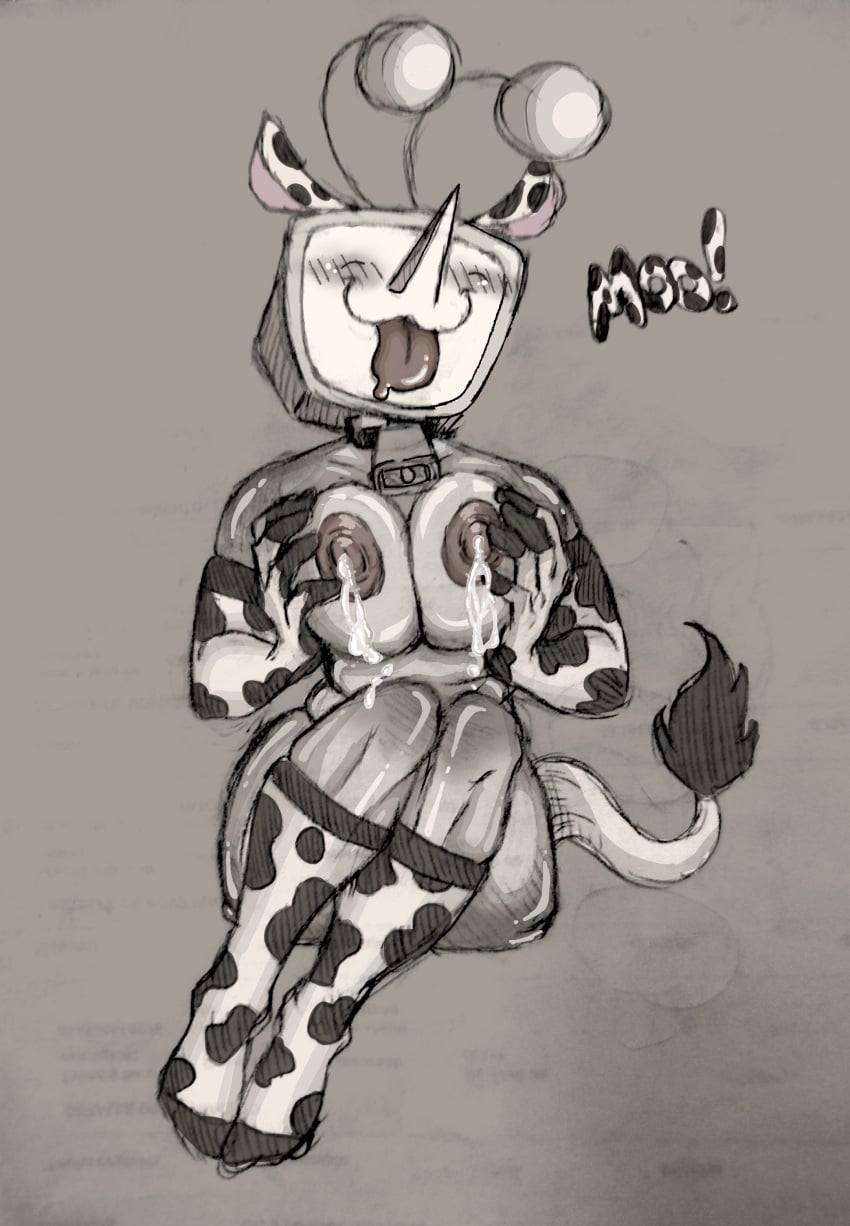 big_breasts big_tits big_tits_squeezed_together cow_ears cow_girl cow_outfit cow_print deltarune deltarune_chapter_3 female female_only lactating lactating_nipples letttusse milk milk_leaking milking_breasts mooing object_head rule_63 solo_female sticking_out_tongue tenna_(deltarune) text tit_squeeze tits_out tongue tongue_out tv_head
