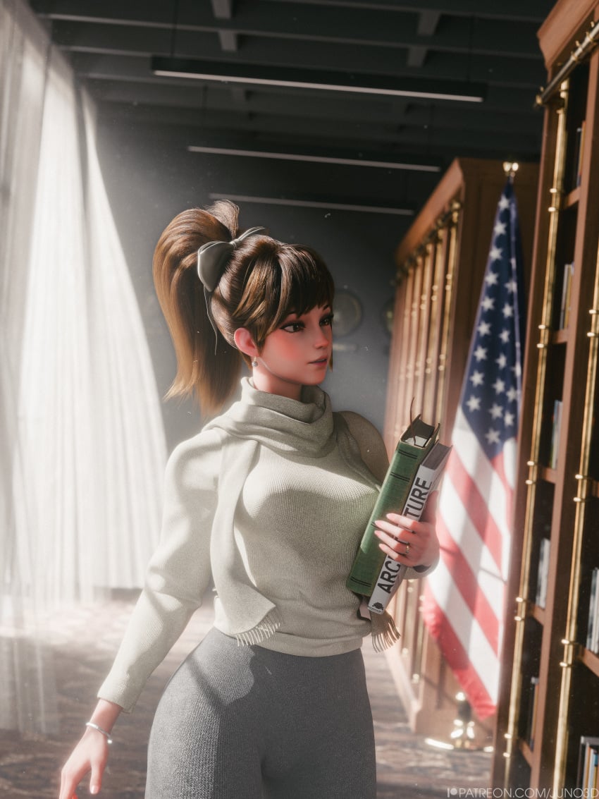 1girls 3d american_flag asian asian_female book books brown_hair clothed clothing d.va female female_focus female_only hana_song highres juno3d korean korean_female light-skinned_female light_skin looking_away medium_breasts nyl_d.va overwatch parted_lips ponytail sfw standing tagme