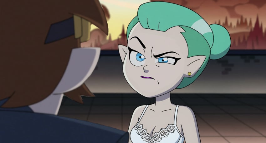1boy 1girl ai_assisted ai_edit blue_eyes breasts cleavage disney earrings edit green_hair looking_at_another odalia_blight on_model parody red_lipstick screencap the_owl_house